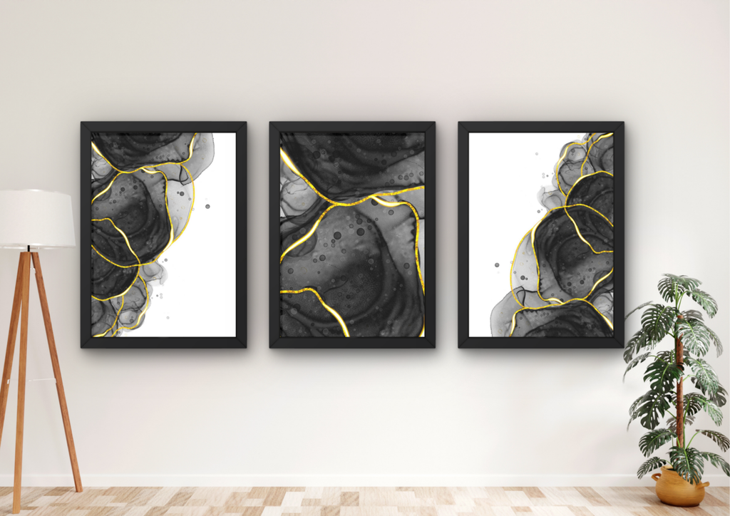 zwart marmer wanddecoratie set met gouden accenten