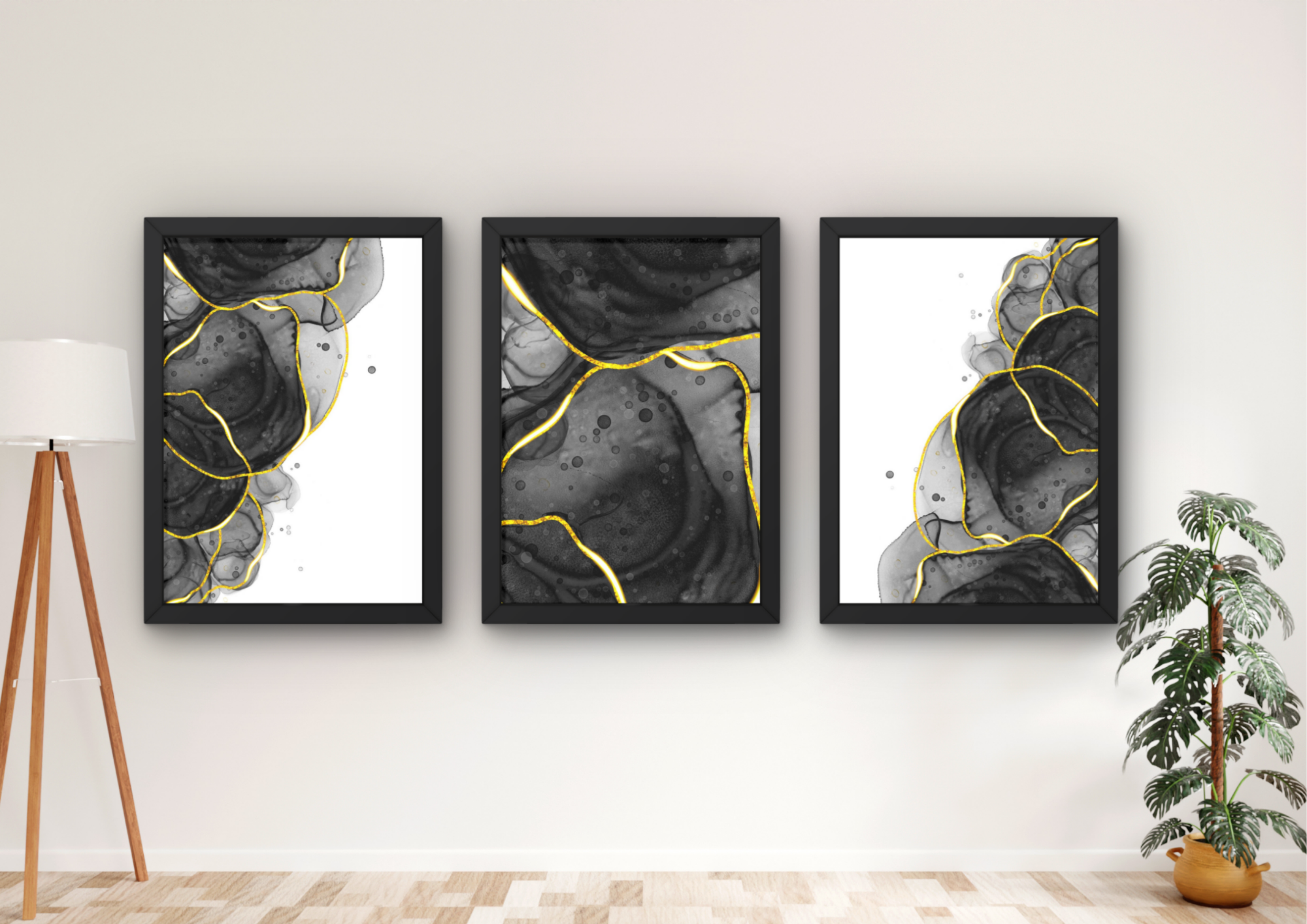 zwart marmer wanddecoratie set met gouden accenten