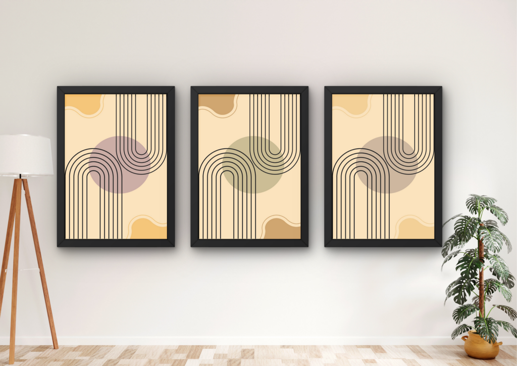 retro abstracte wanddecoratie set 3 ingelijste prints