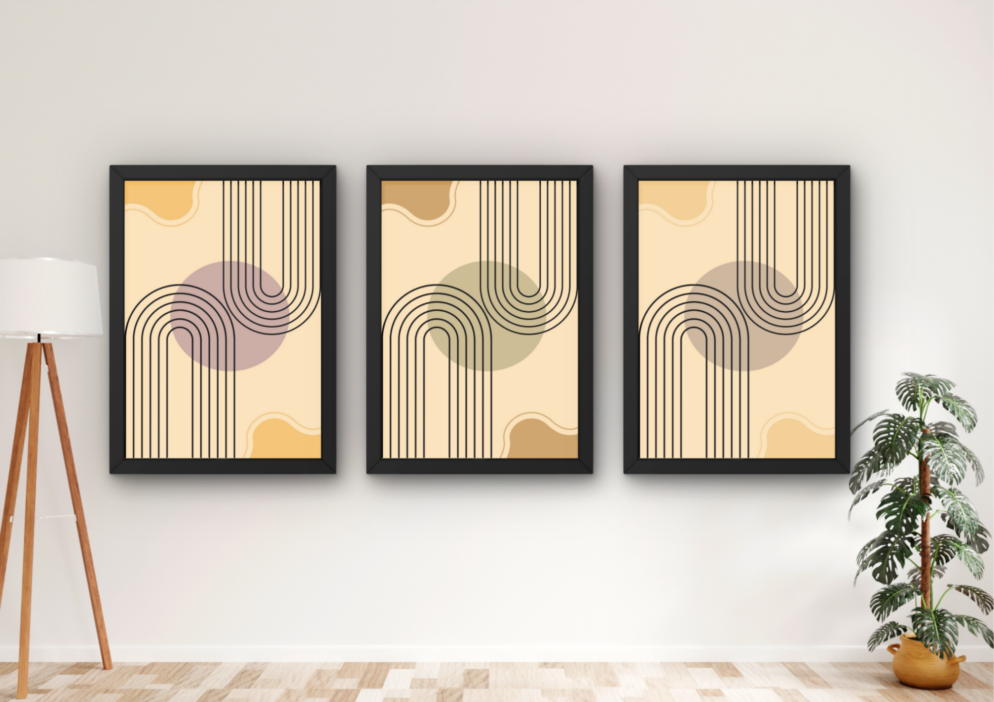retro abstracte wanddecoratie set 3 ingelijste prints
