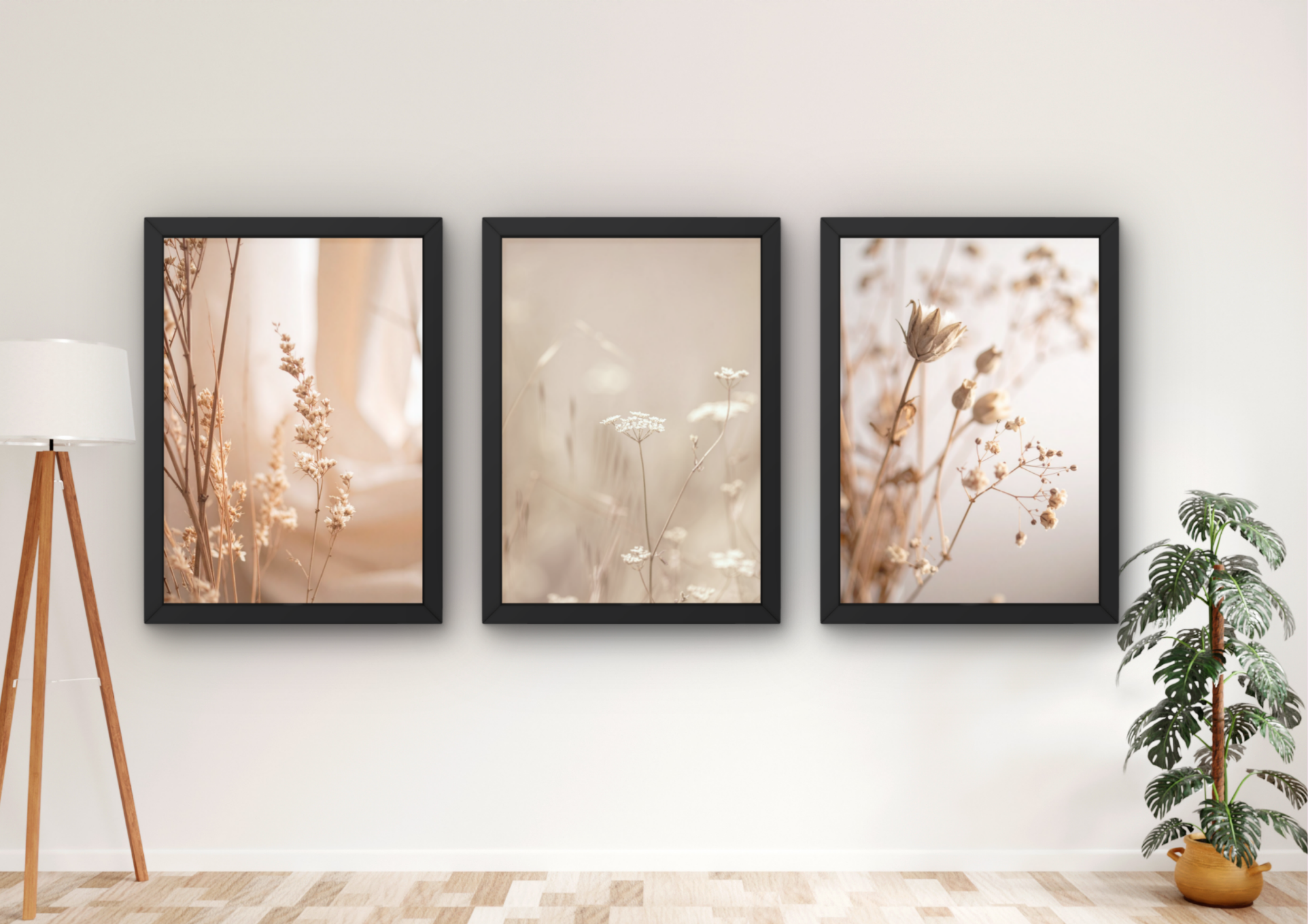 beige botanische wanddecoratie set met drie lijsten