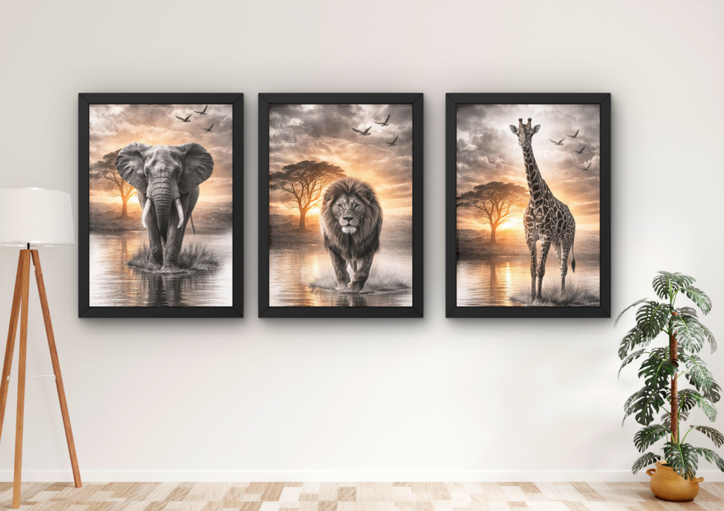 safari dieren wanddecoratie met zonsondergang