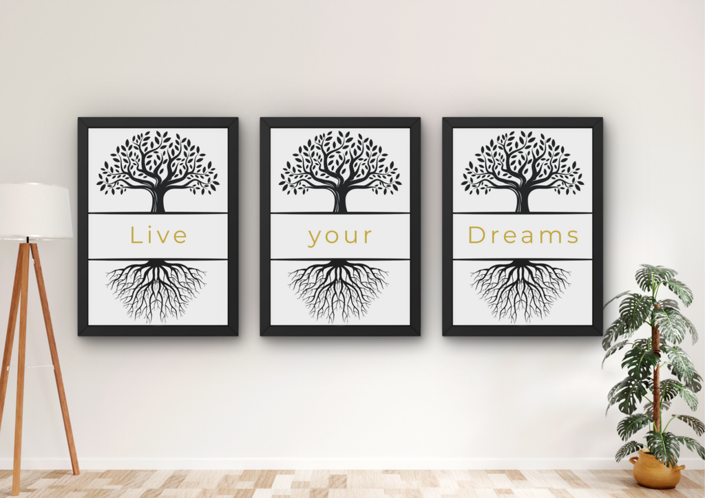 Levensboom wanddecoratie set 3 ingelijste prints