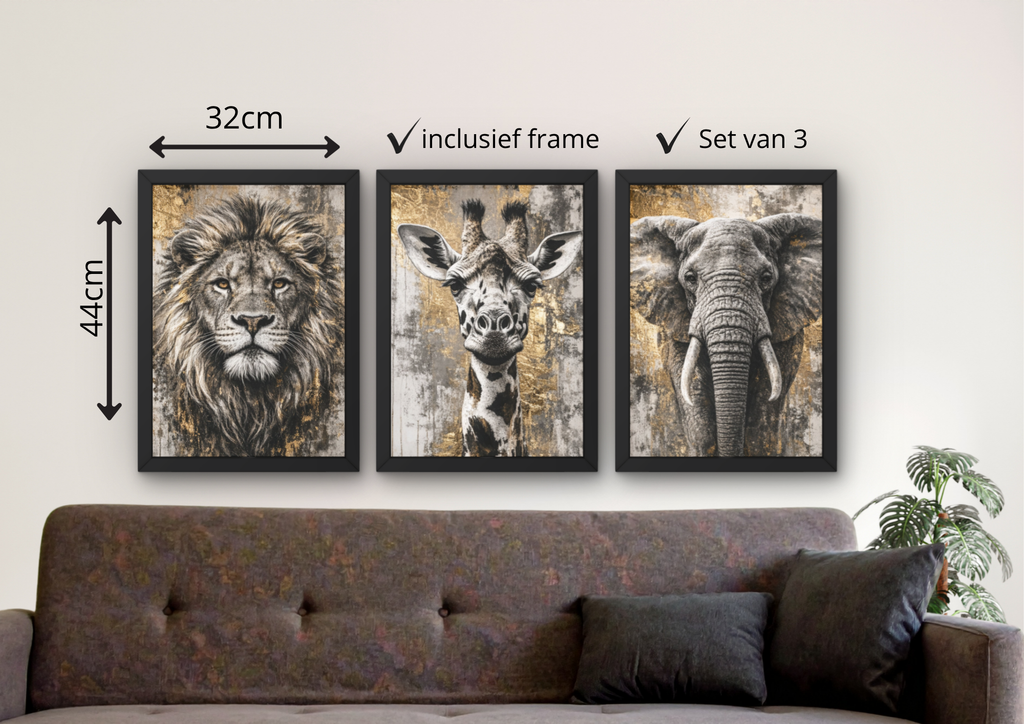 muurdecoratie met leeuw giraf olifant