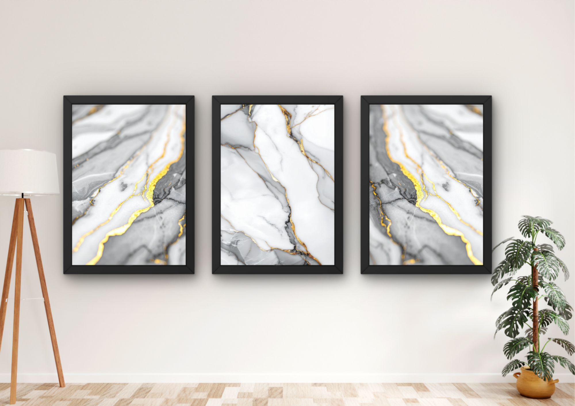 grijze marmer wanddecoratie met gouden accenten set