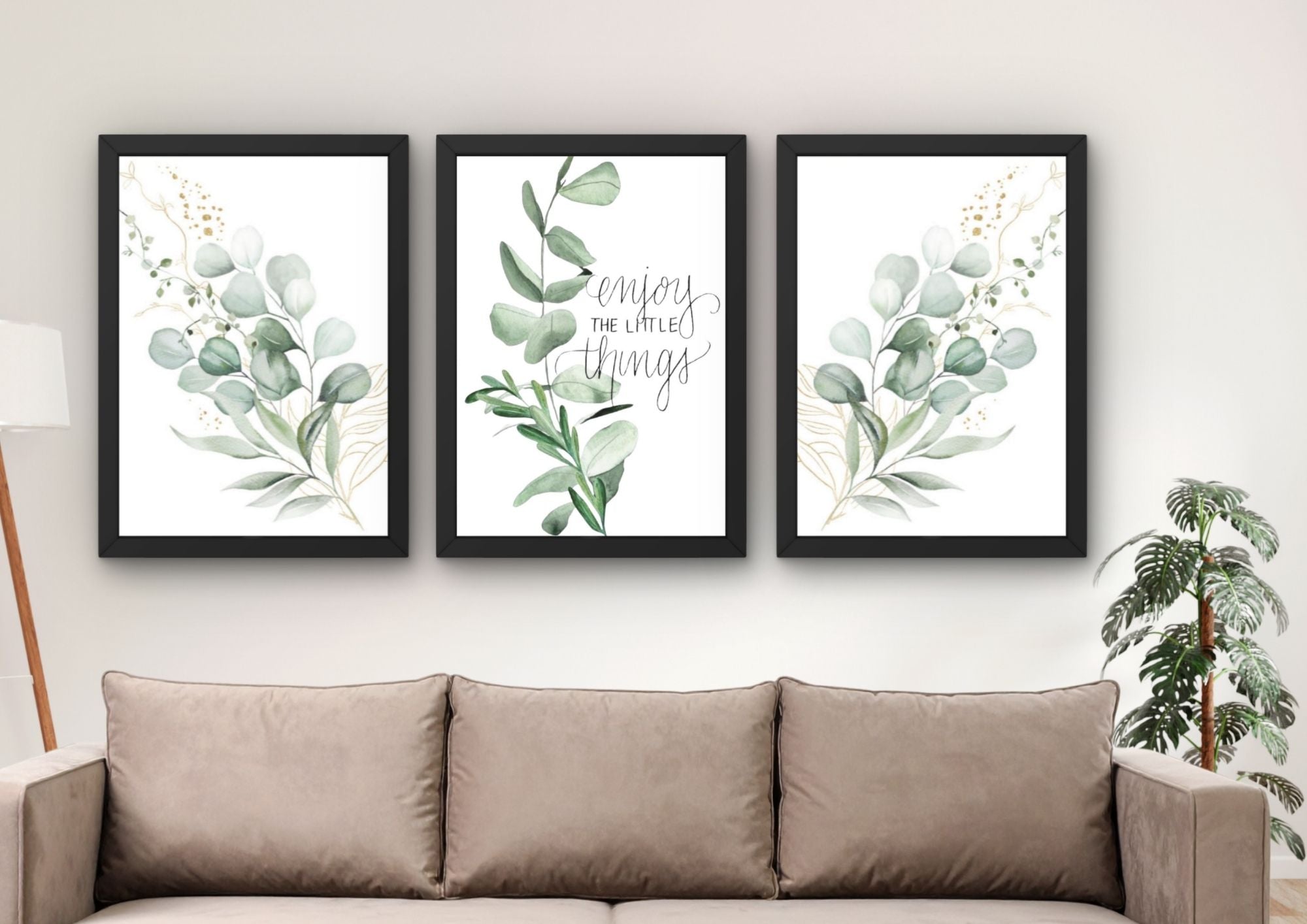 Botanische wanddecoratie met quote & eucalyptus set (3 Lijsten)