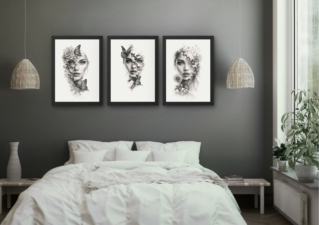 Abstracte vrouw wanddecoratie met bloemen – Set van 3 stuks