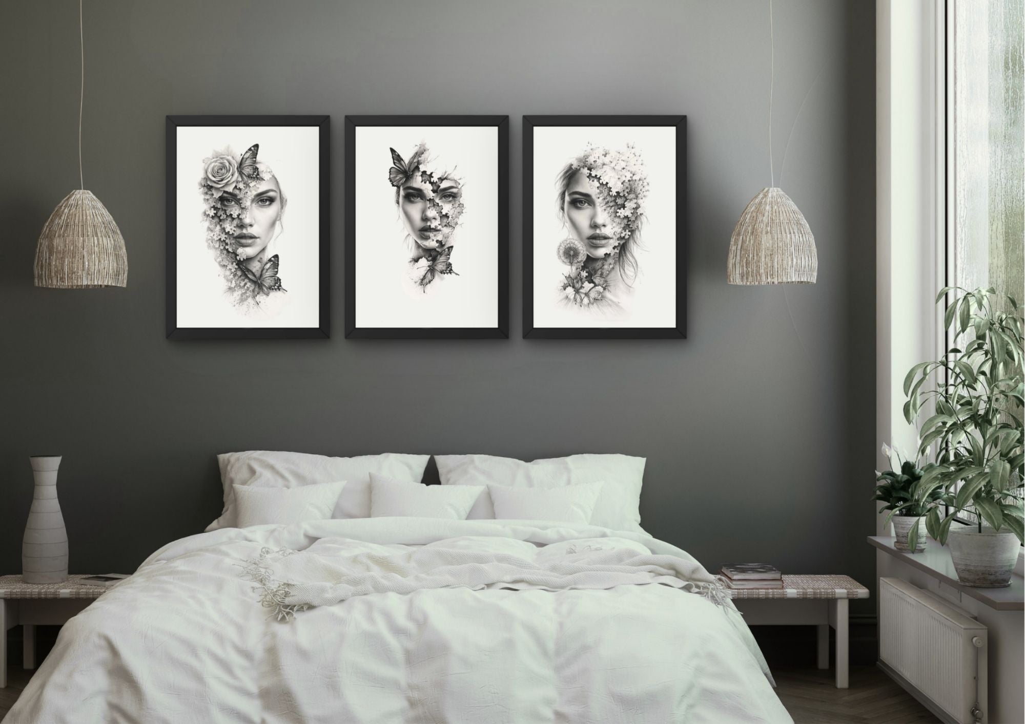 Abstracte vrouw wanddecoratie met bloemen – Set van 3 stuks