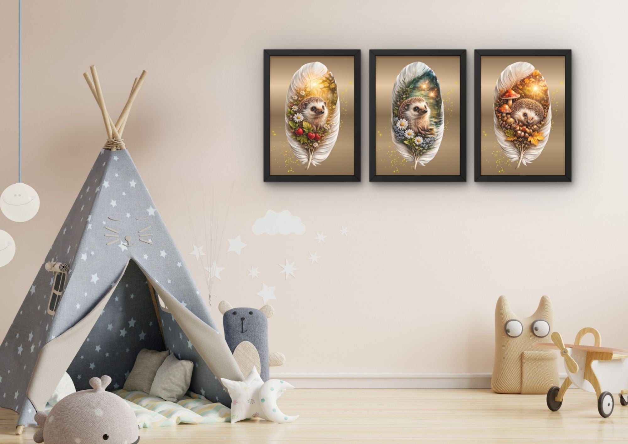 Egel wanddecoratie met veren set (3 Lijsten)