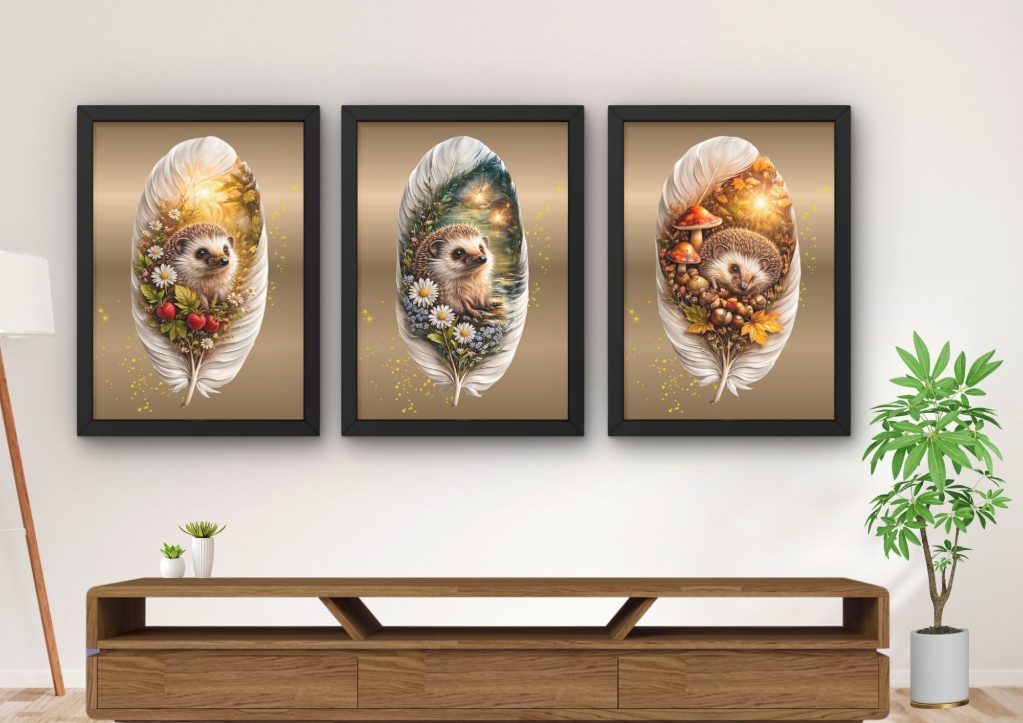 Egel wanddecoratie met veren set (3 Lijsten)