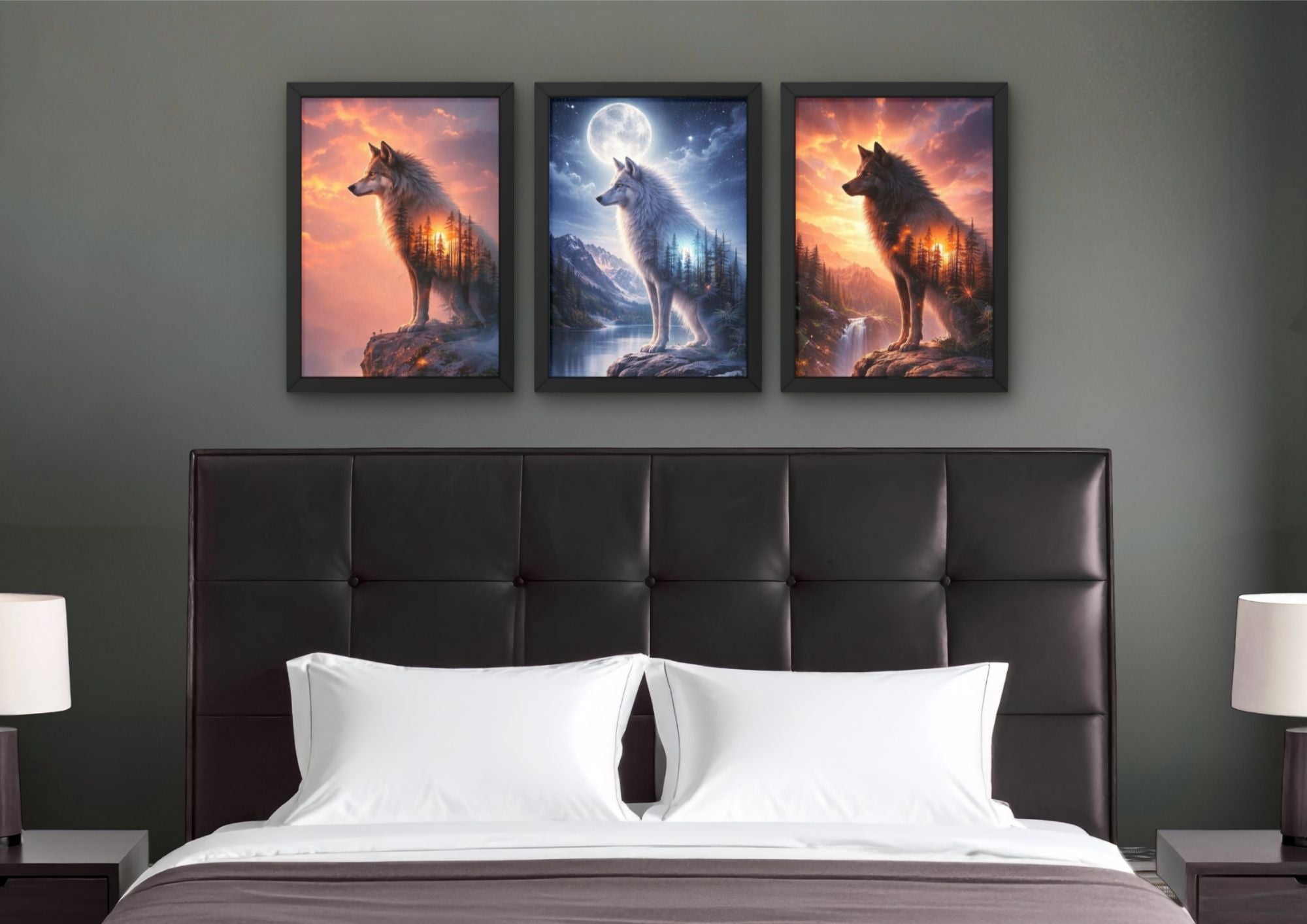 Wanddecoratie met wolf en dag en nacht contrast