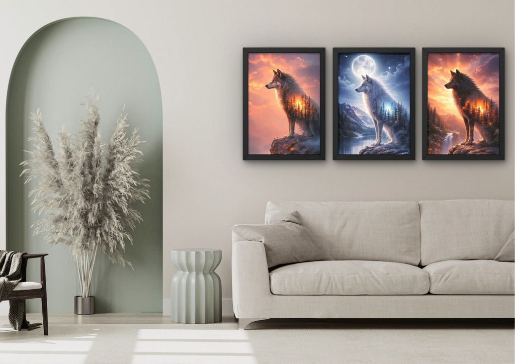 Wanddecoratie met wolf en dag en nacht contrast