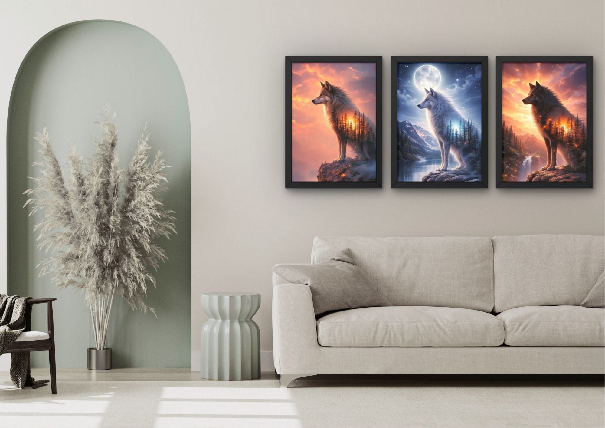Wanddecoratie met wolf en dag en nacht contrast