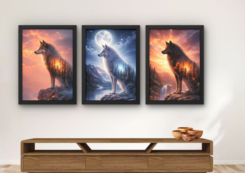 Wanddecoratie met wolf en dag en nacht contrast