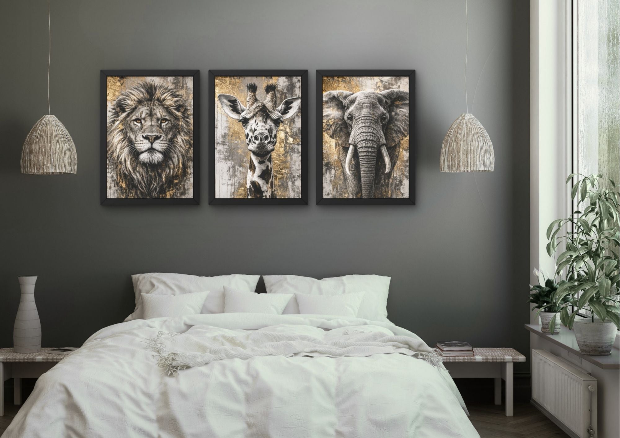 Safari dieren wanddecoratie set (3 Lijsten) – Leeuw, giraf & olifant