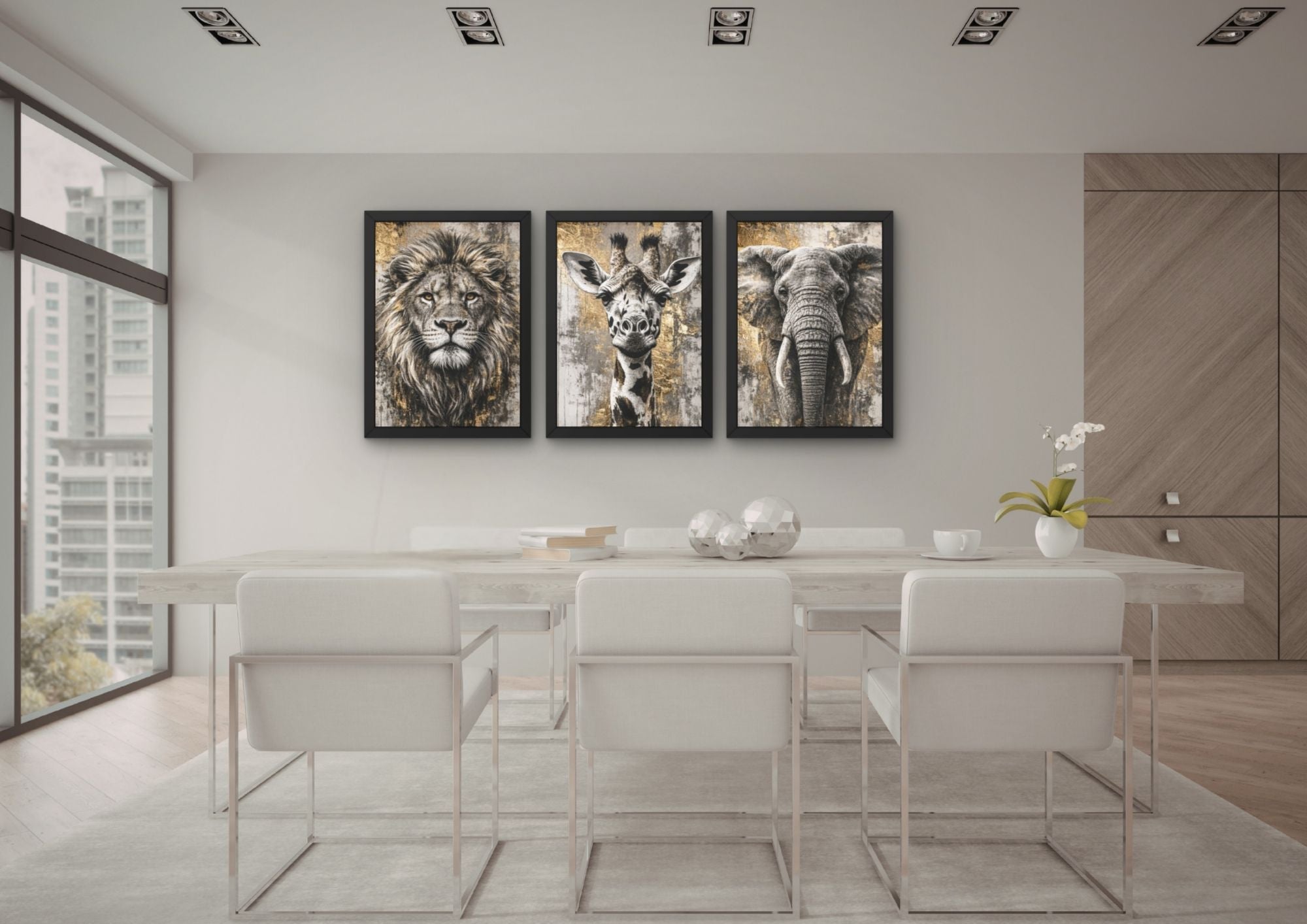 Safari dieren wanddecoratie set (3 Lijsten) – Leeuw, giraf & olifant