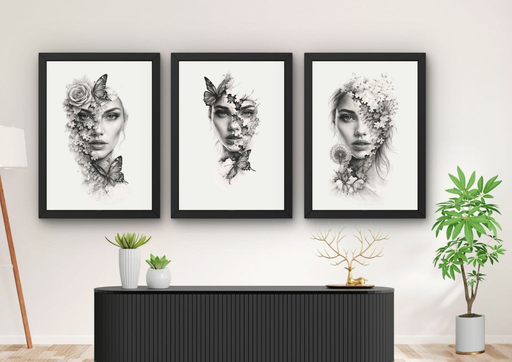 Abstracte vrouw wanddecoratie met bloemen – Set van 3 stuks