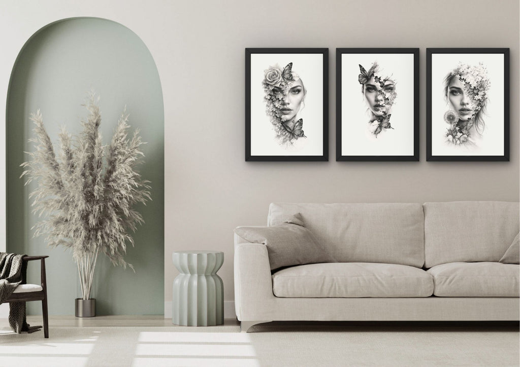Abstracte vrouw wanddecoratie met bloemen – Set van 3 stuks