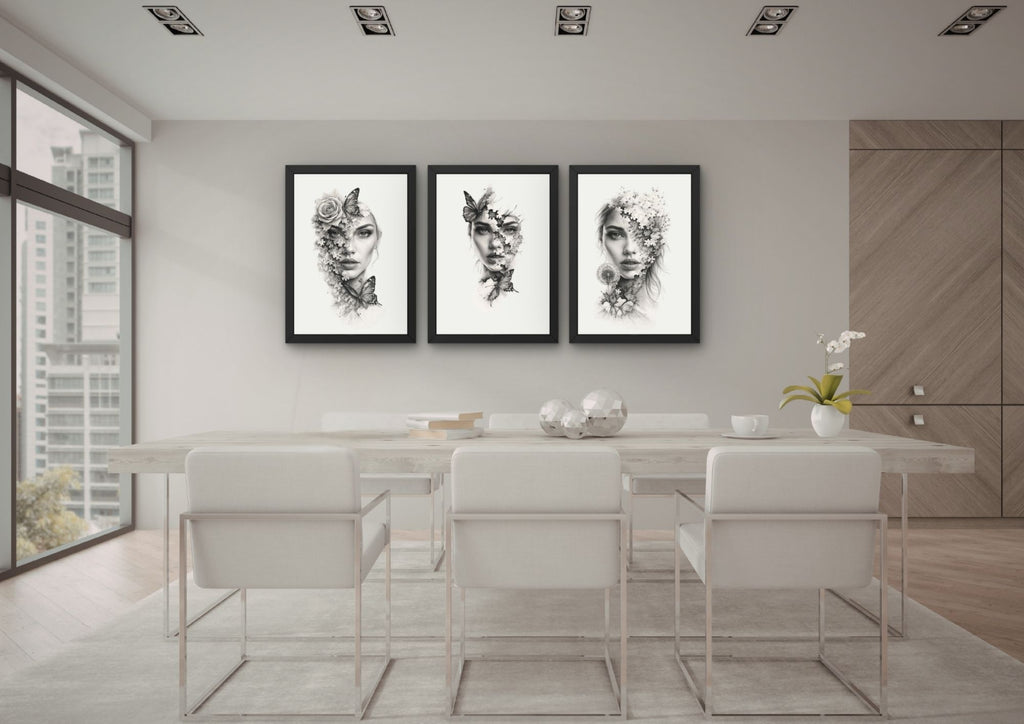 Abstracte vrouw wanddecoratie met bloemen – Set van 3 stuks