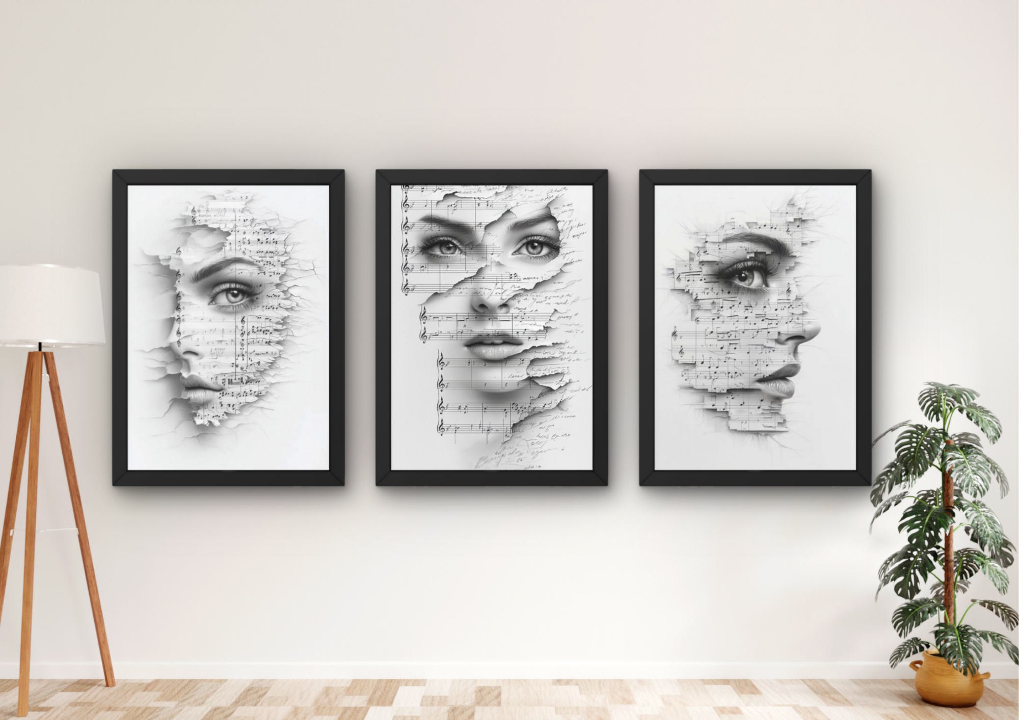 minimalistische vrouw wanddecoratie met muzieknoten