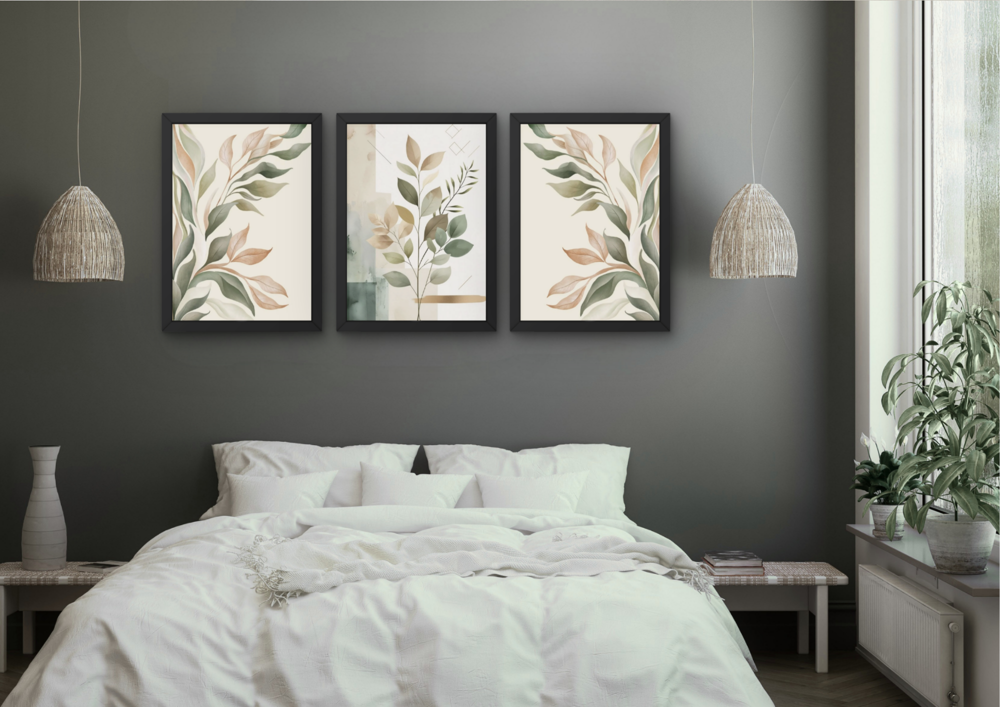 Abstracte botanische wanddecoratie set (3 Lijsten) – Zachte beige & groene bladeren