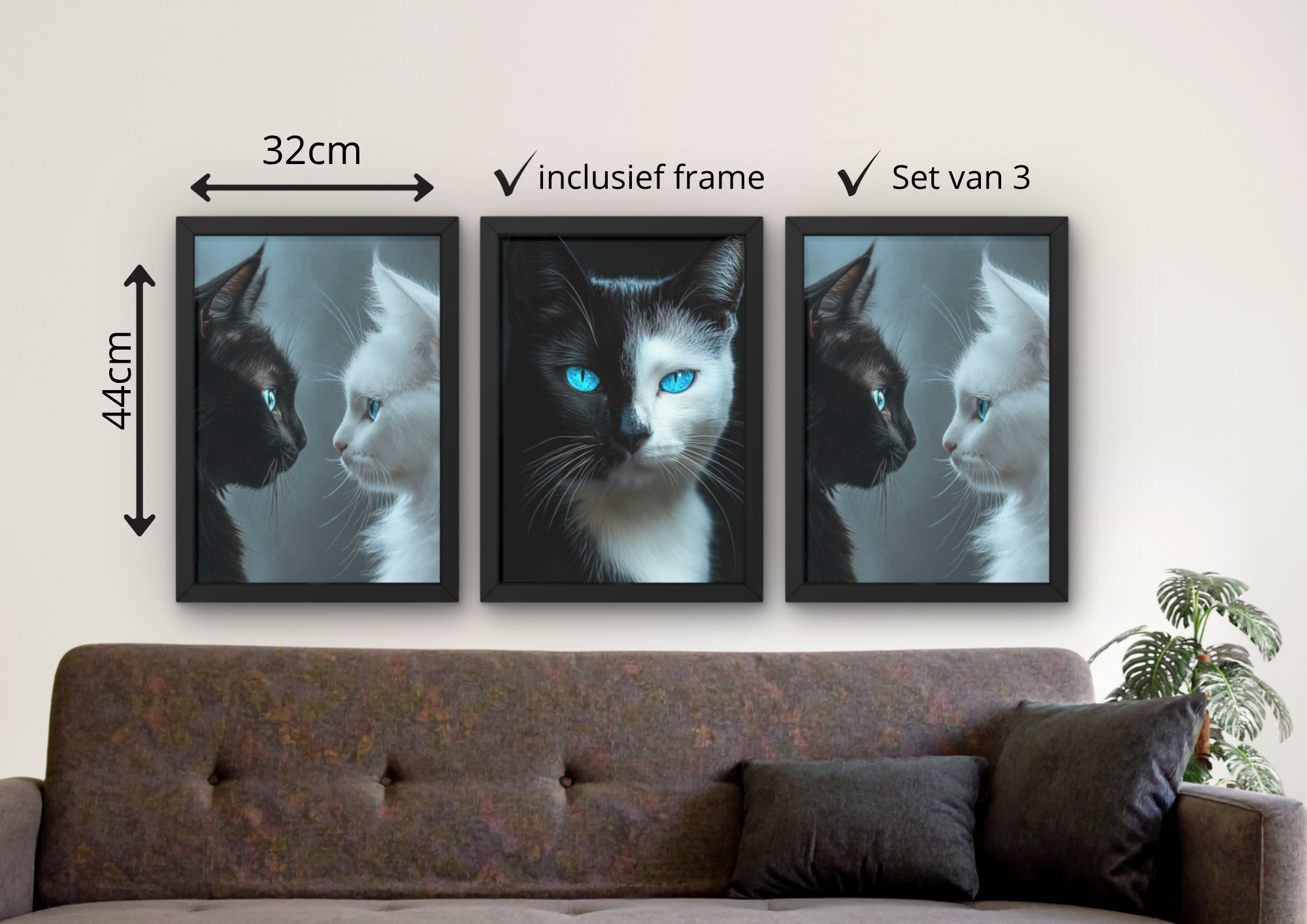 moderne katten posters set zwart wit