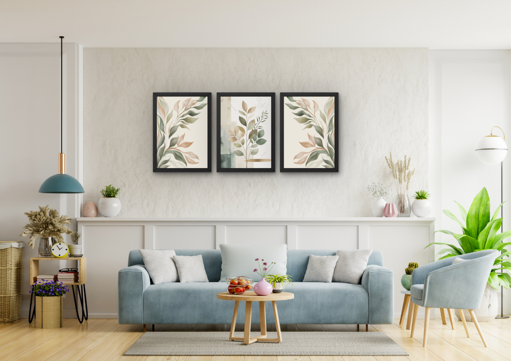Abstracte botanische wanddecoratie set (3 Lijsten) – Zachte beige & groene bladeren