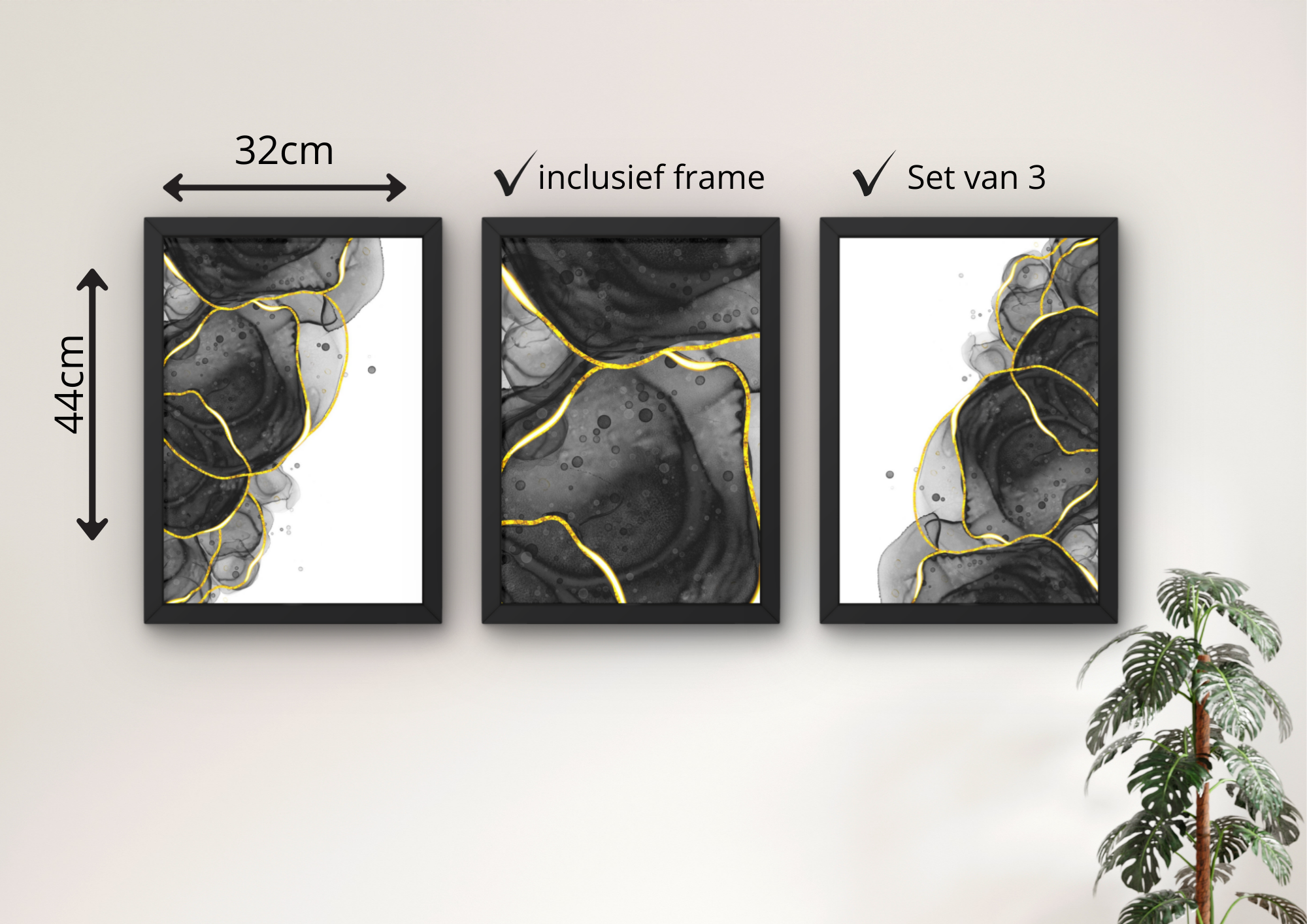 ingelijste zwart marmer print met goud detail