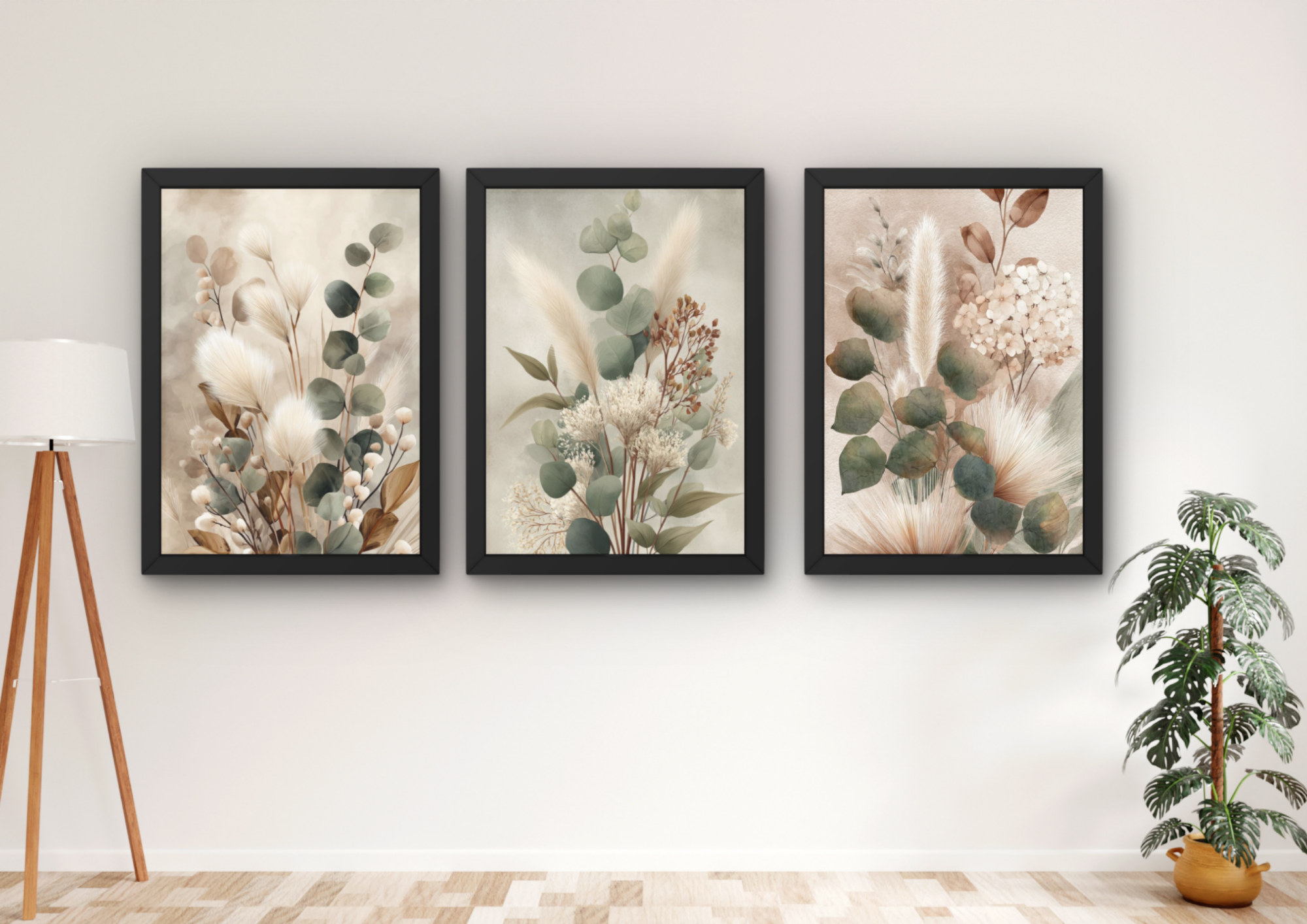 botanische wanddecoratie eucalyptus beige set