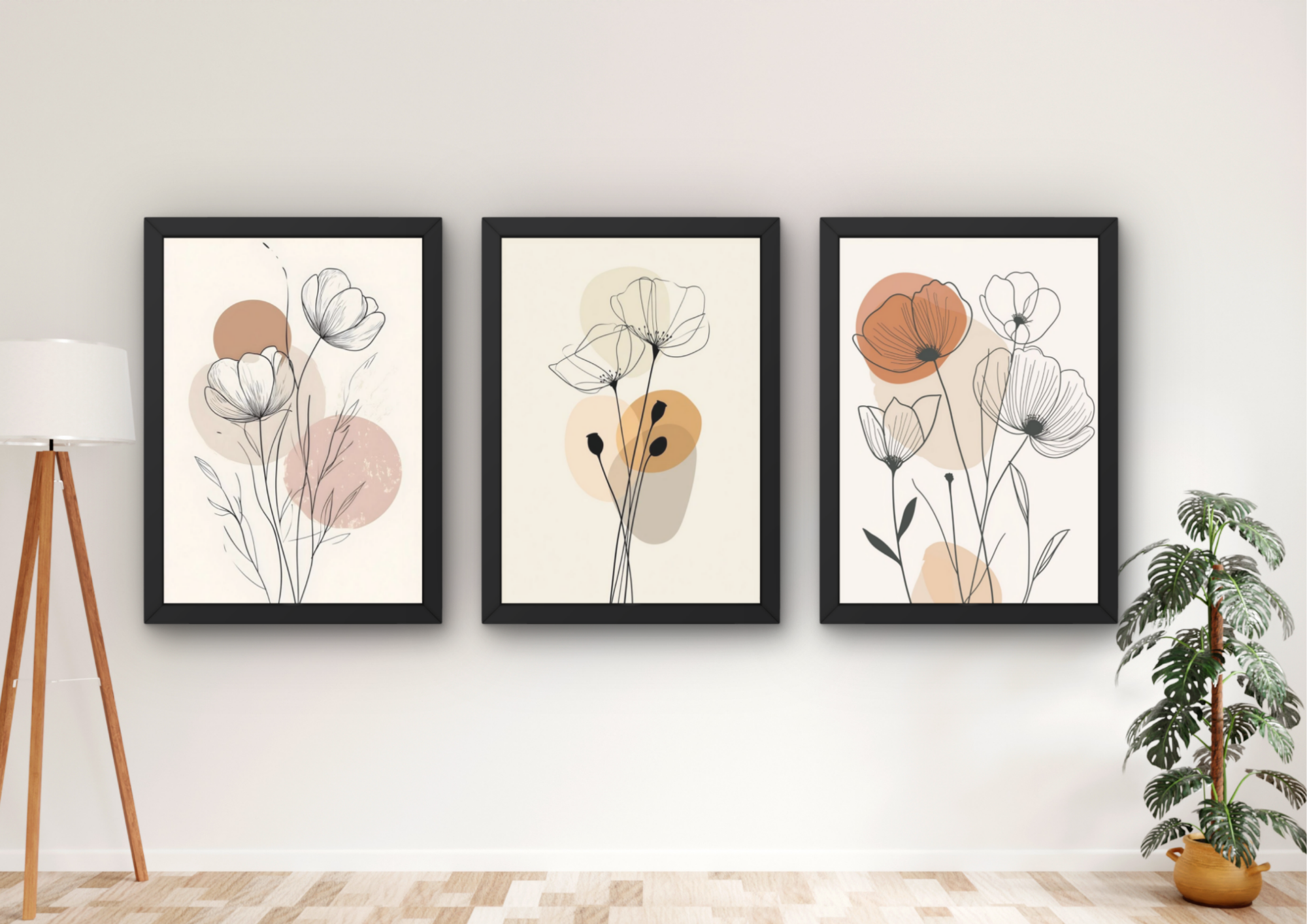 abstracte bloemen wanddecoratie set met drie lijsten