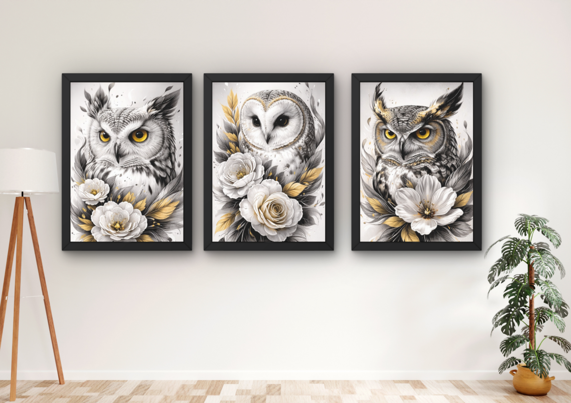 wanddecoratie met uil en goud set van 3 stuks