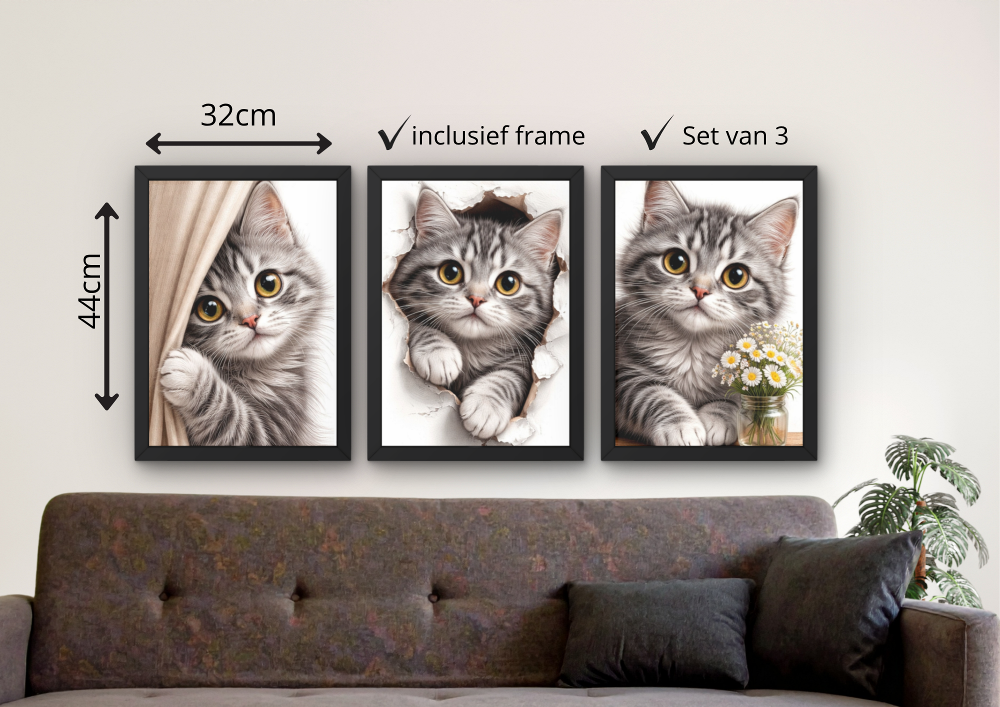 schattige katten posters set woonkamer