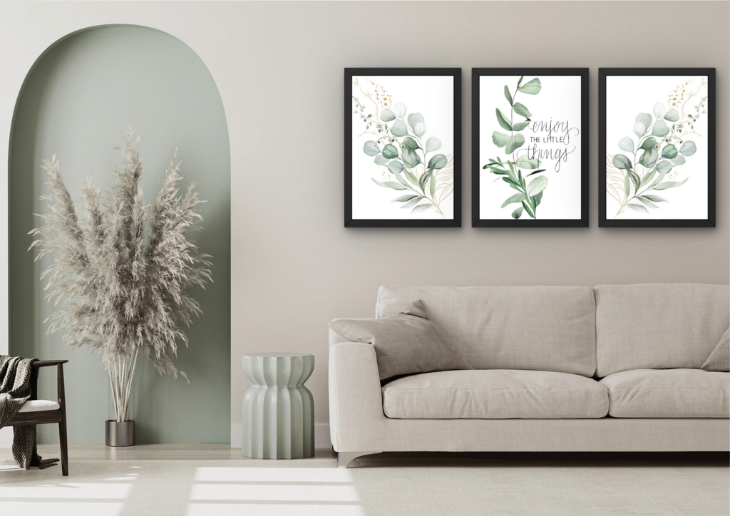 Botanische wanddecoratie met quote & eucalyptus set (3 Lijsten)