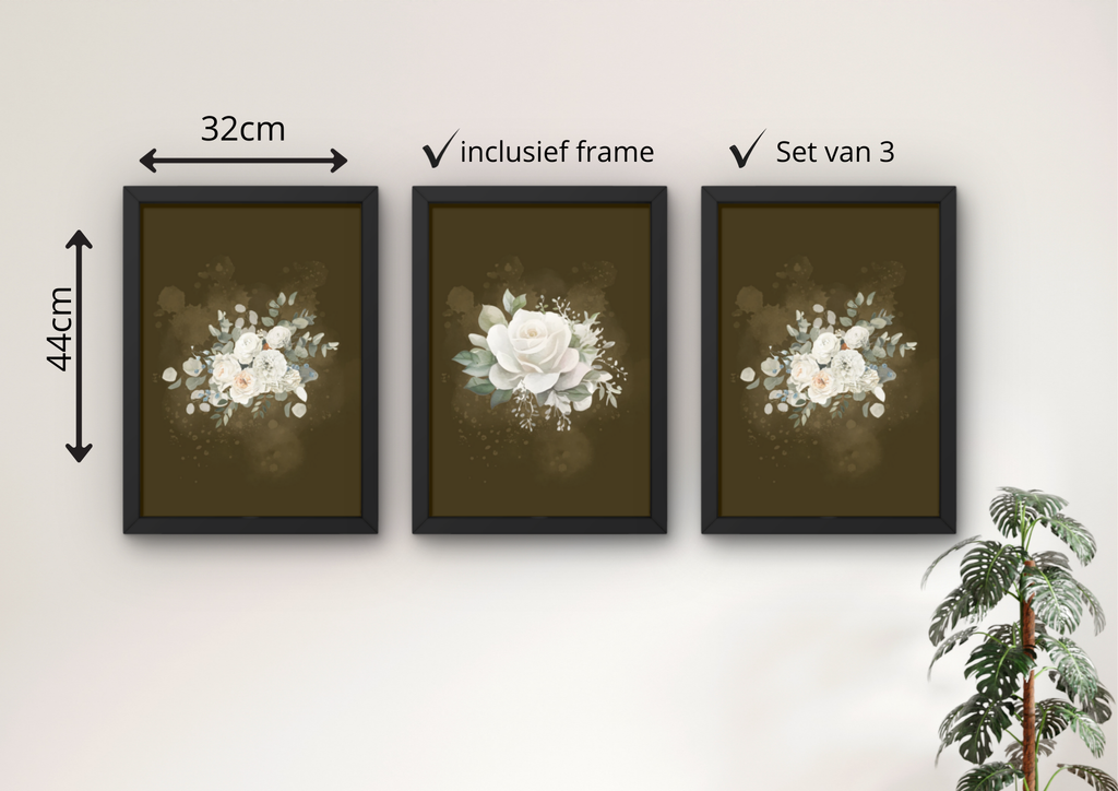 Botanische bloemen wanddecoratie – Luxe set 3 lijsten