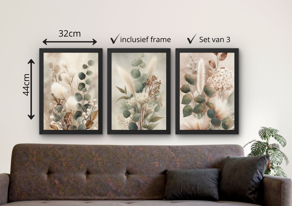 rustige posters droogbloemen woonkamer