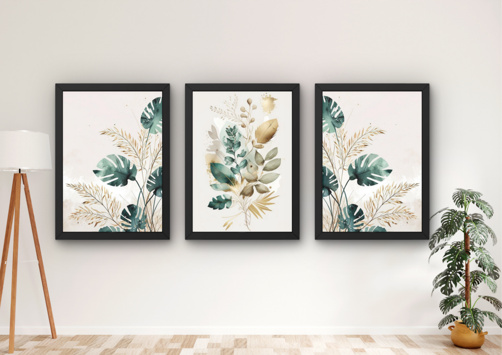 monstera wanddecoratie set met drie lijsten