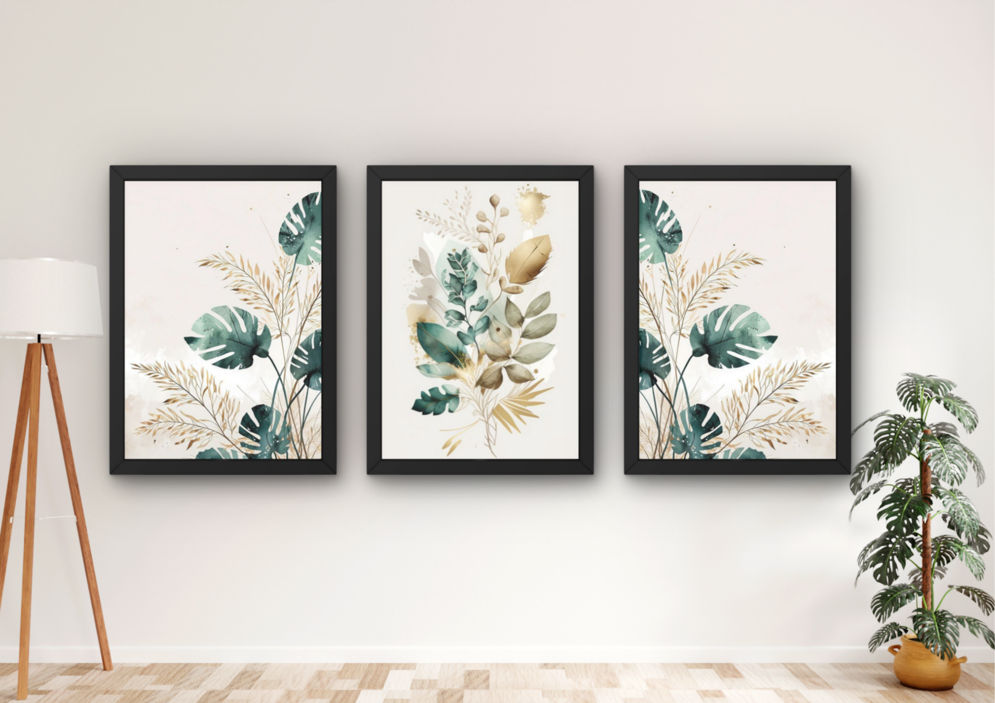 monstera wanddecoratie set met drie lijsten