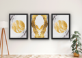 luxe gouden marmer wanddecoratie set met 3 ingelijste prints