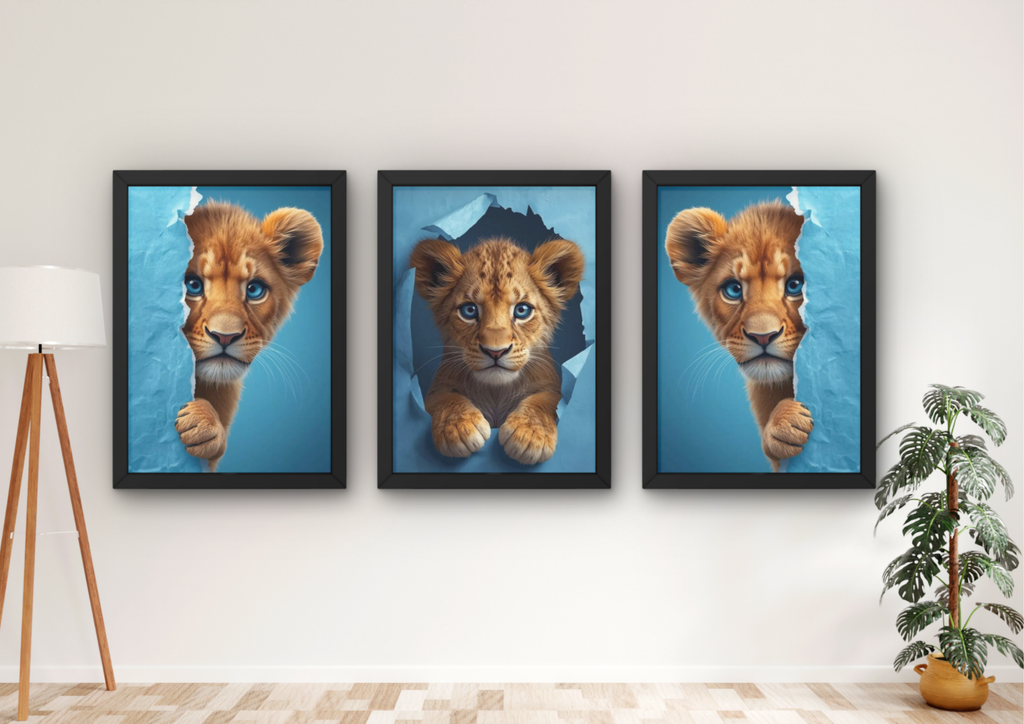 leeuw welp wanddecoratie blauw set met drie lijsten