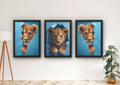 leeuw welp wanddecoratie blauw set met drie lijsten