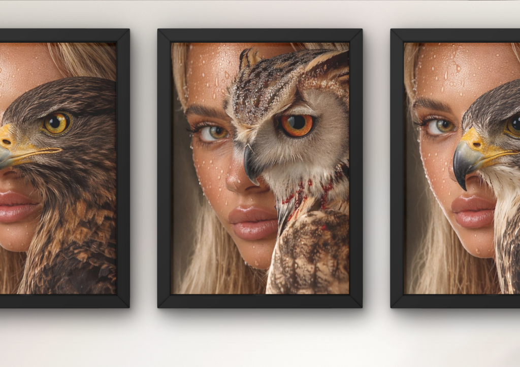 poster wand decoratie knappe vrouw en roofvogels