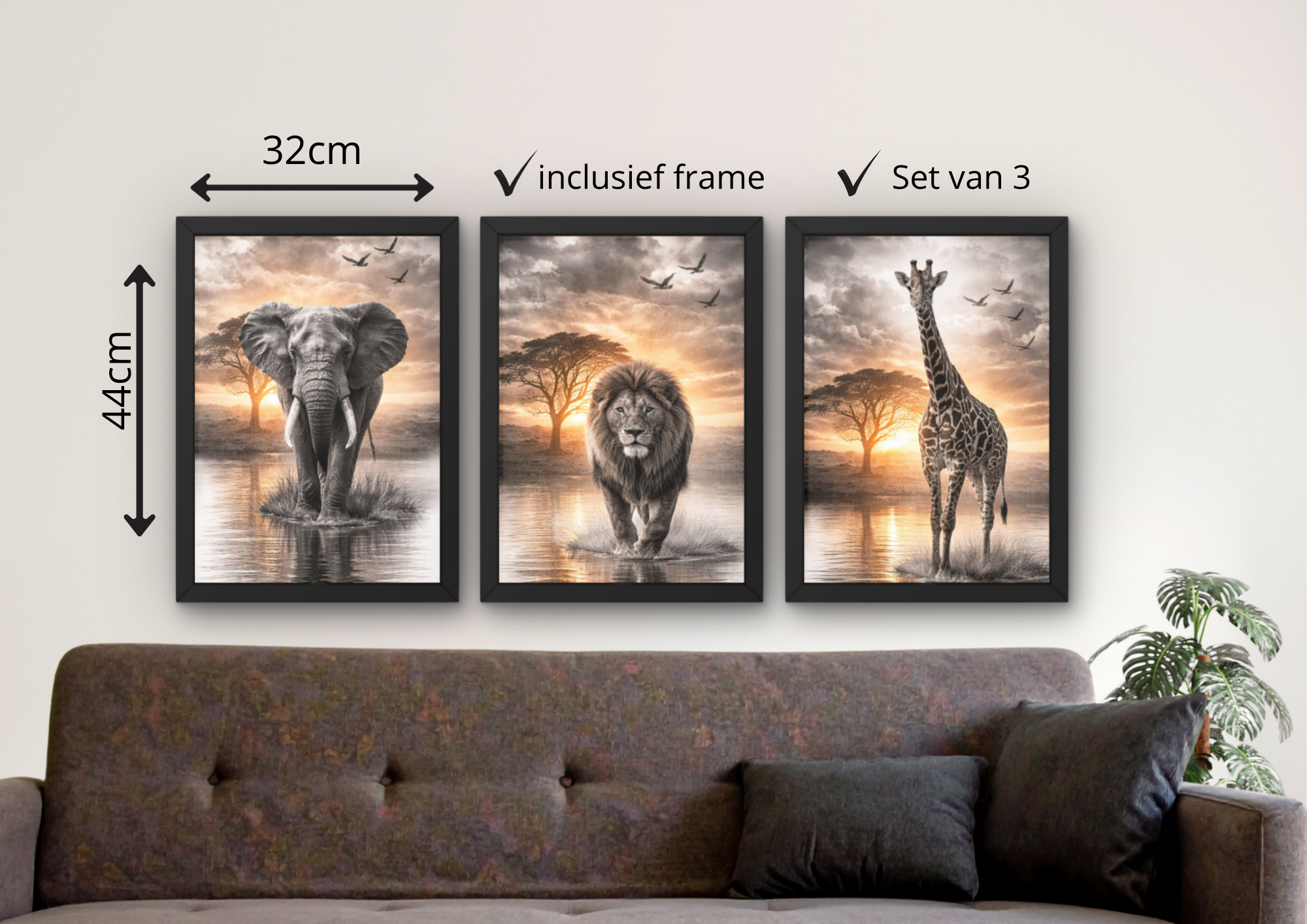 leeuw olifant giraf posters set woonkamer