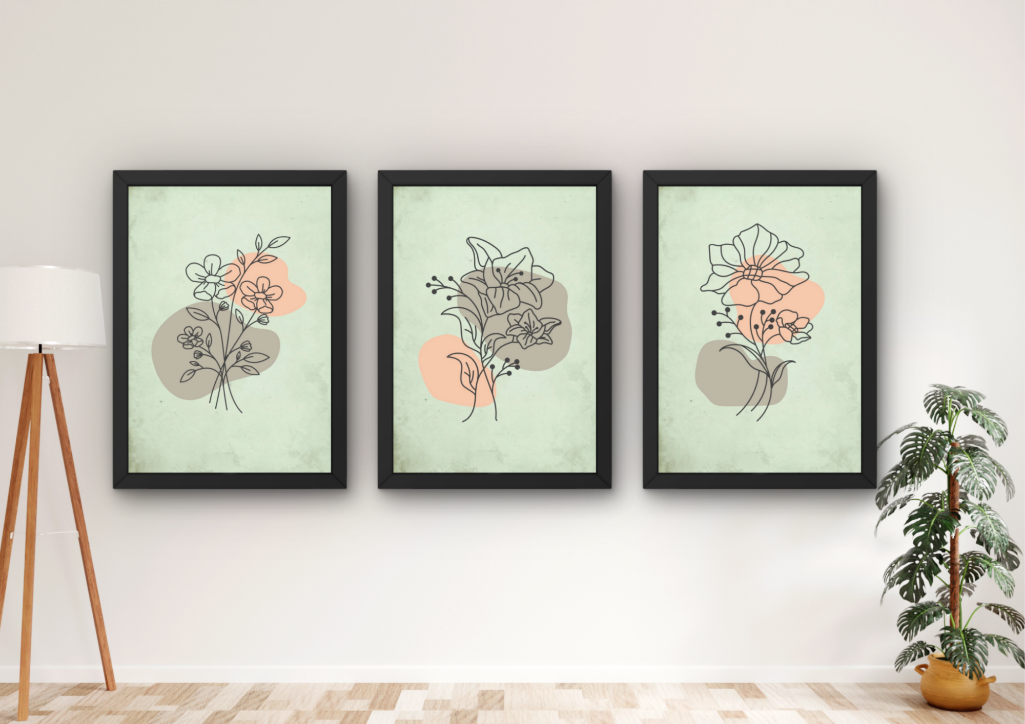 groene botanische wanddecoratie set met drie lijsten