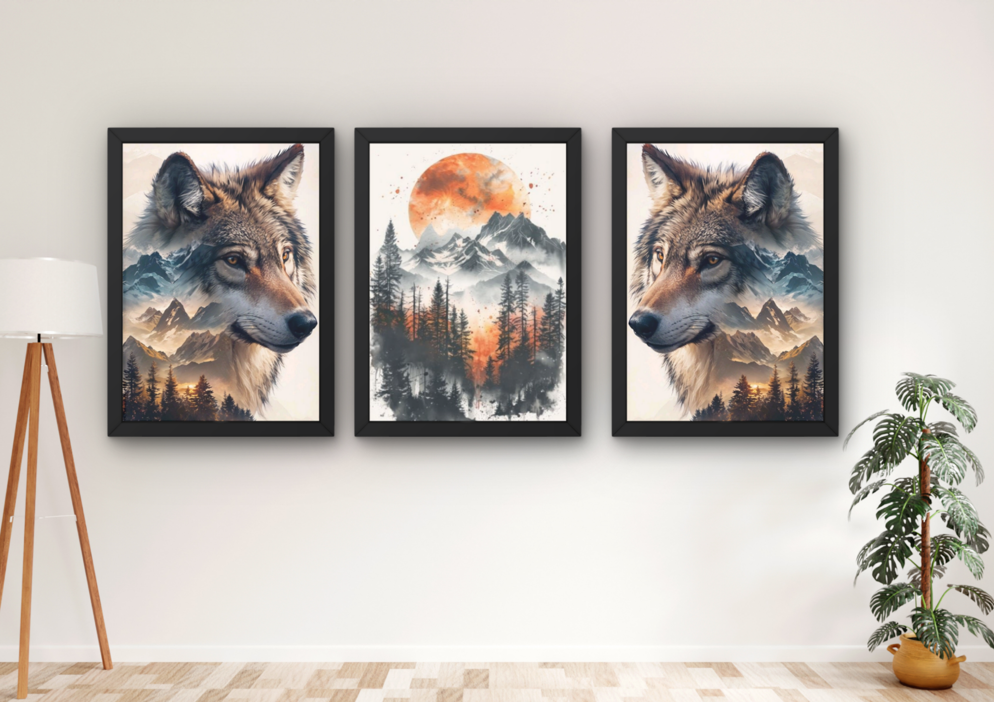 wolf wanddecoratie met bergen en natuur