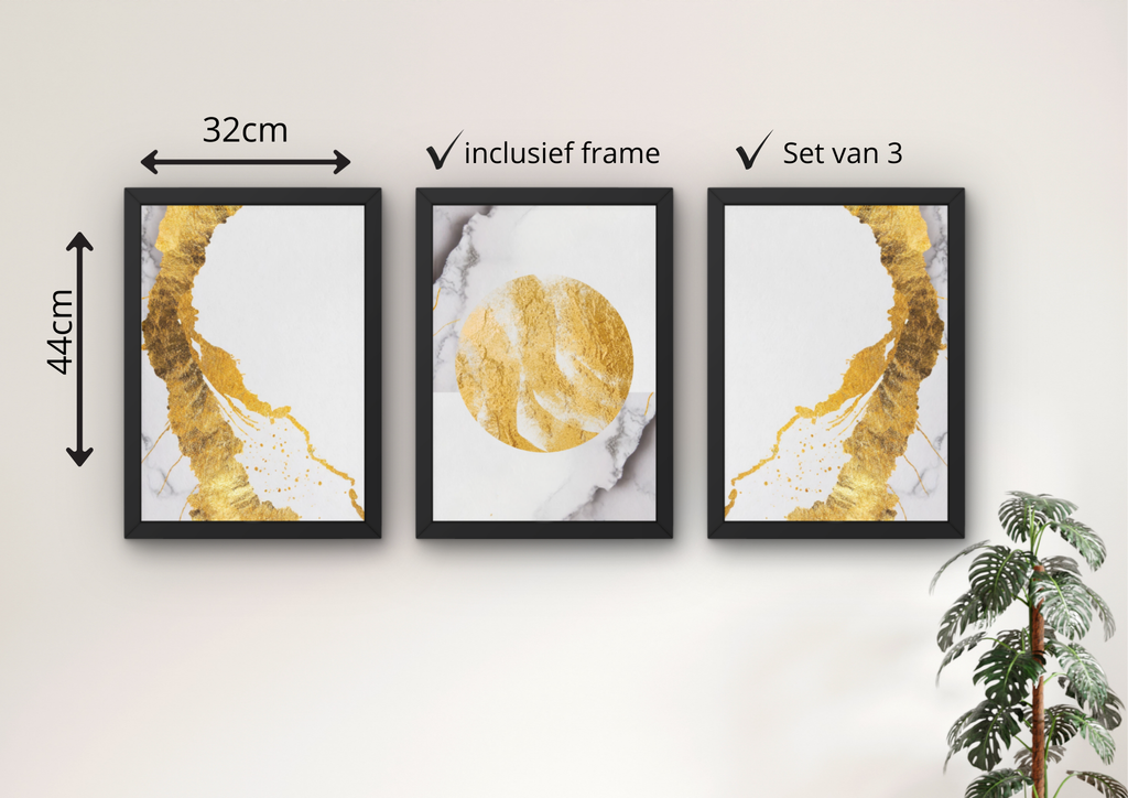 gouden marmer wanddecoratie set met 3 ingelijste prints