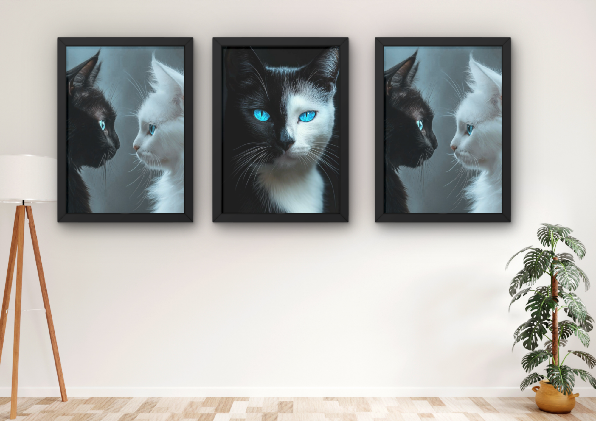 zwart wit katten wanddecoratie met blauwe ogen