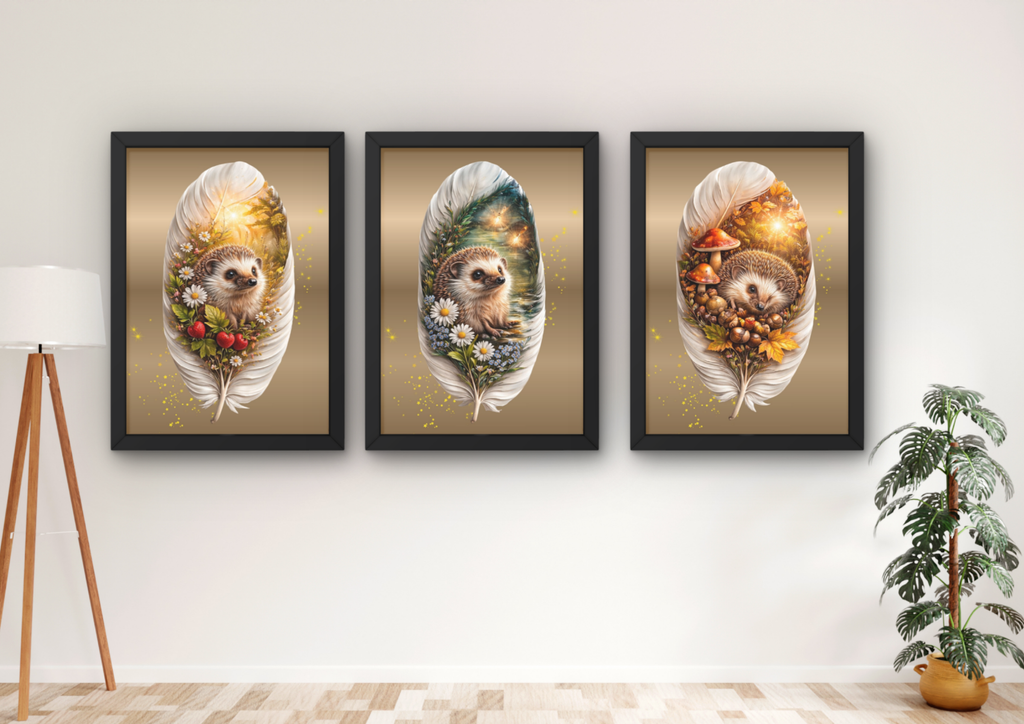 egel wanddecoratie met veren poster set
