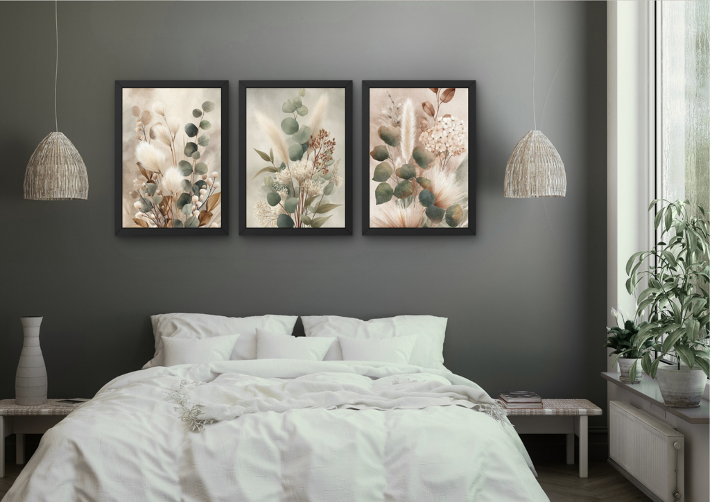 Botanische wanddecoratie set beige (3 lijsten) – Droogbloemen & eucalyptus
