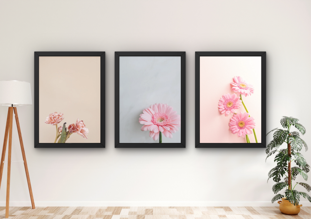 roze bloemen wanddecoratie set met drie lijsten