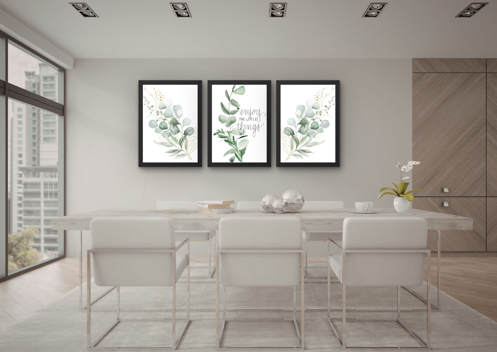 Botanische wanddecoratie met quote & eucalyptus set (3 Lijsten)